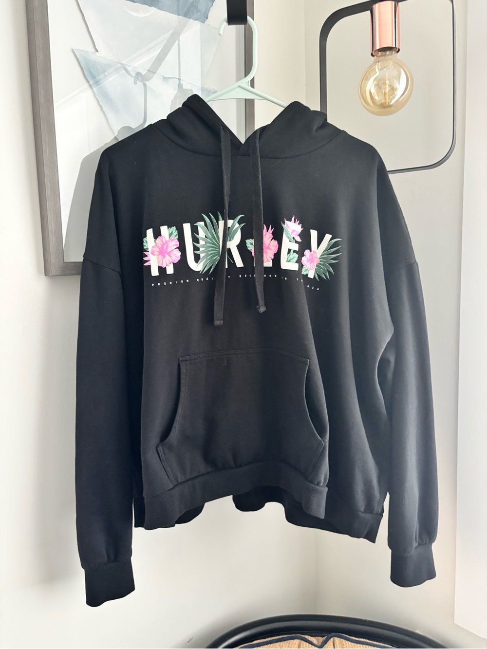 Hurley Black Hoodie with Pink & Green Floral Logo
